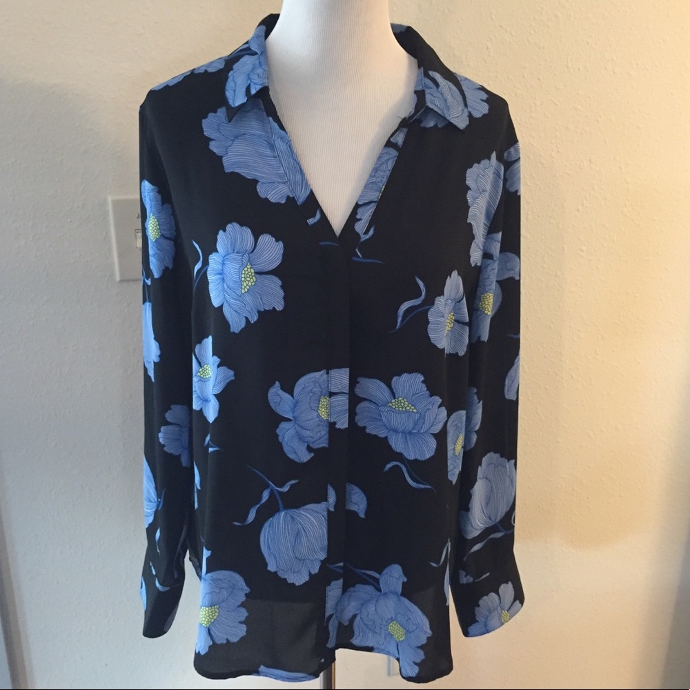 Worthington Black Blouse with Blue Floral Print